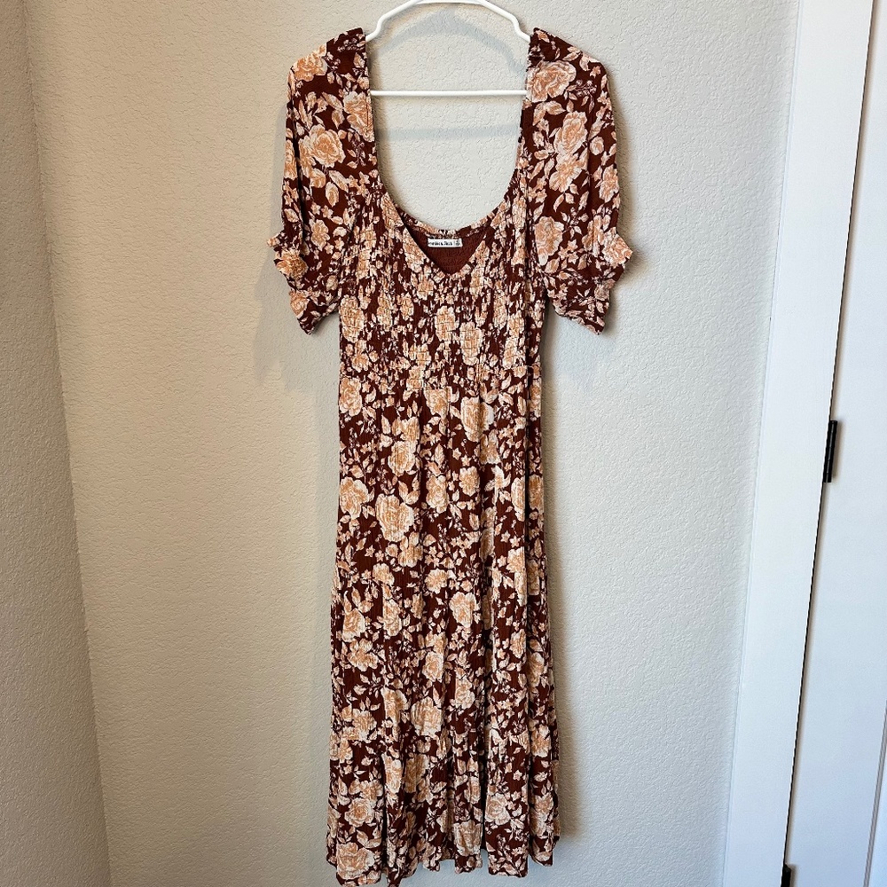 Abercrombie & Fitch Brown Floral Smocked Tiered Puff Sleeve Midi Dress - Size XL